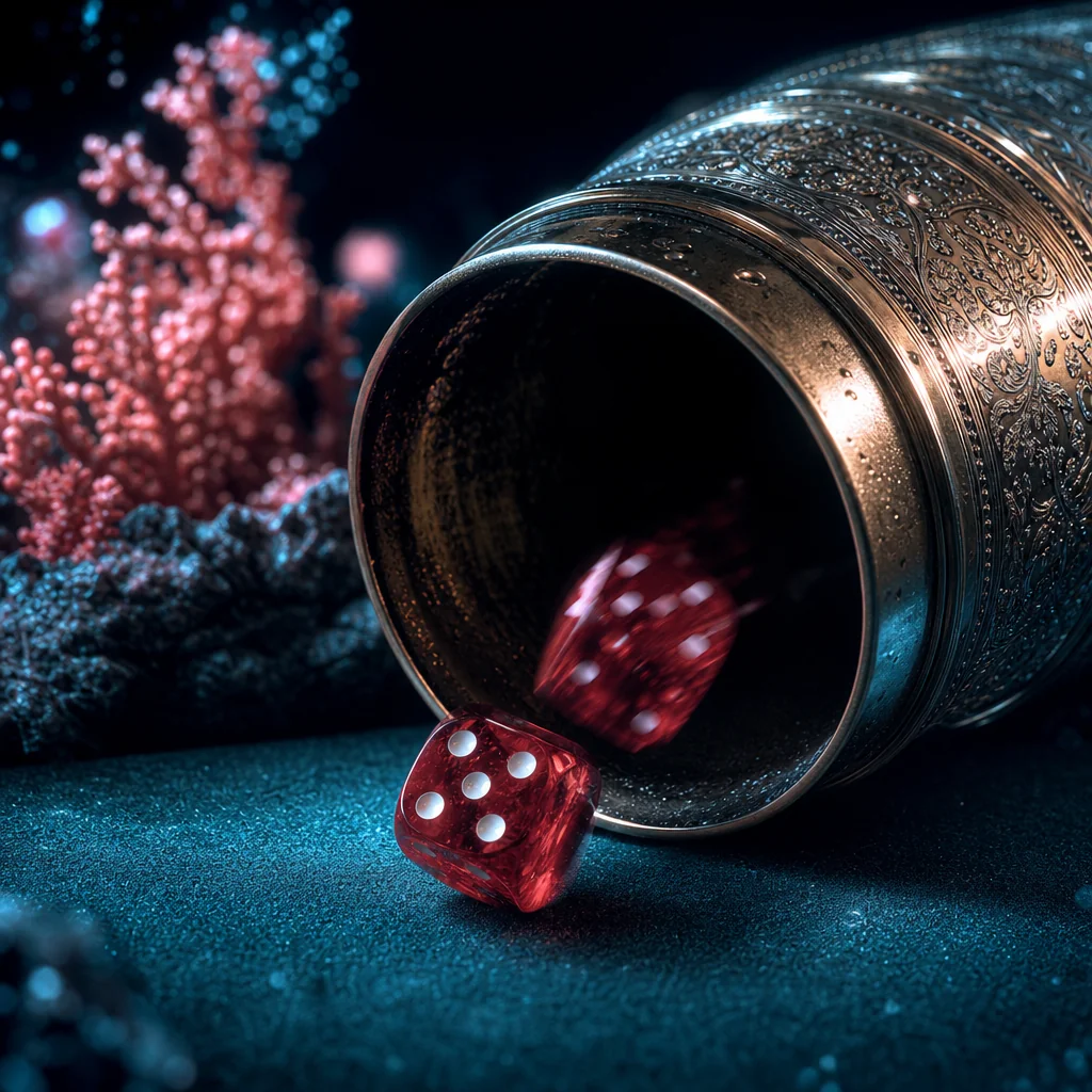 Casino dice mid-roll on illuminated felt table